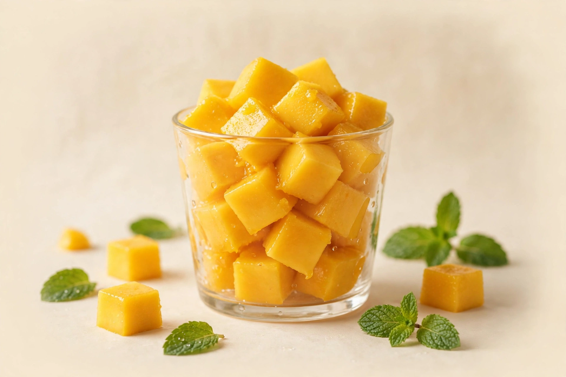 A clear glass cup filled generously with bright sliced mangoes